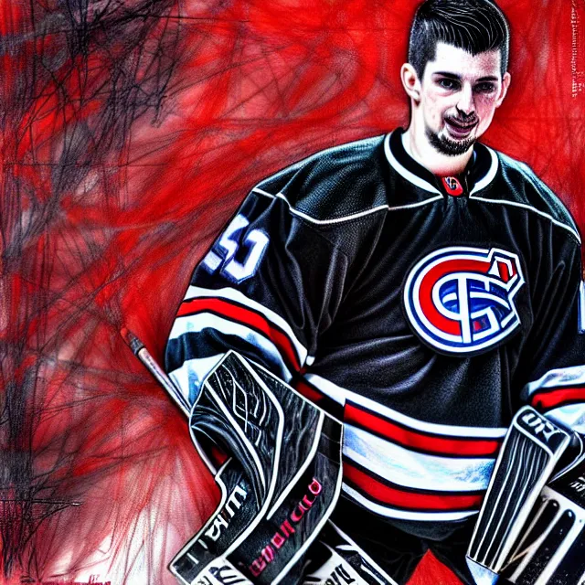 Prompt: symmetrical complex fine detail, black ink & copic markers, vibrant muted colors, disturbing grunge still of habs carey price at the nhl awards 2 0 1 5, by arthur adams, by tom bagshaw, by henry asencio, by kikuchi hideyuki