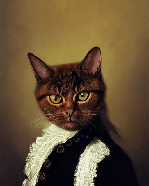 Image similar to portrait of cute brown cat with serious expression wearing 1 8 th century royal guard uniform, baroque painting, greg rutkowski