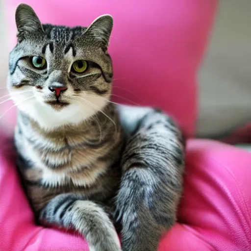 Image similar to a anthropomorphic cat with pink fur sitting on a couch