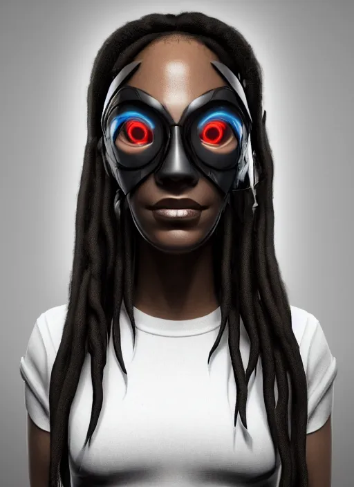 Image similar to a full body portrait of a beautiful black cyberpunk girl with dreadlocks wearing a cybepunk mask by vitaly bulgarov, artstation, cyberpunk, symmetric portrait, sci - fi, vray render, unreal engine, hyperrealism, photorealism