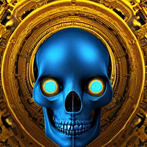 Image similar to hyperdetailed robotic skeleton head with blue human eyes, human eyes, symetry, golden ratio, iconography, intricate, detailed, volumetric lighting, scenery, digital painting, highly detailed, artstation, sharp focus, illustration, artstation, detailed vectorart