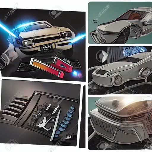 Prompt: car engine, car parts concept, card, comic page, realistic fortnite