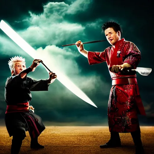 Prompt: Dramatic artistic photo of Samurai Gordon Ramsay having a sword fight with Samurai Guy Fieri, lightning in background, raining, dark, intense, anime fight, realistic, hyperrealistic