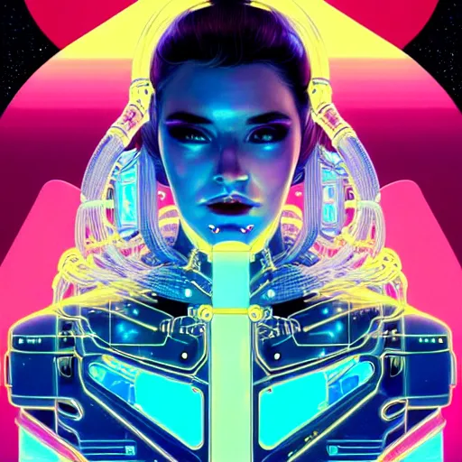 Image similar to high quality, high detailed portrait of a space queen, a cyberpunk character in a retro - futuristic world, white porcelain translucent skin. hyperrealism, intricate details, cables, wires. connectors led. tristan eaton, victo ngai, artgerm, rhads, ross draws, alphonse mucha, pastel colors, vintage, artstation, vector gradient. 8 k