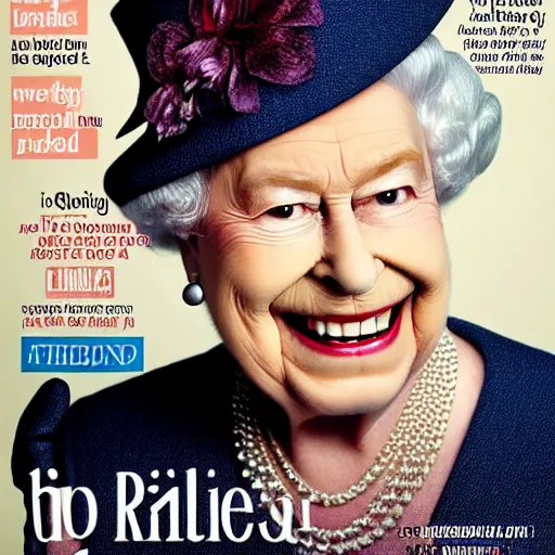 Image similar to the queen of england grinning rudely and pointing her middle finger, in a magazine cover photo. highly detailed hands