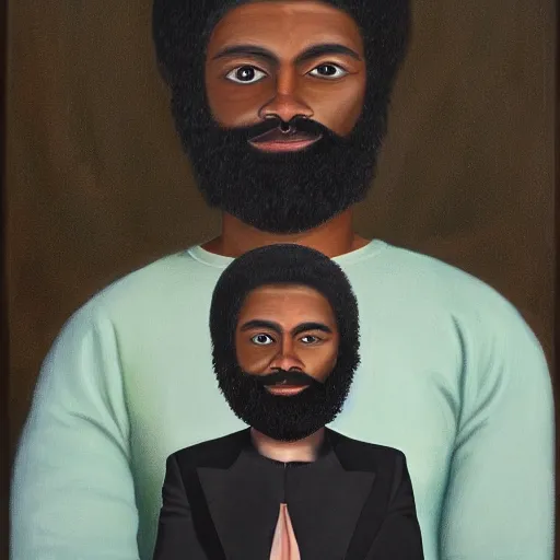 Prompt: a painting of a man with long hair and a beard, a character portrait by barkley hendricks, featured on deviantart, neo - primitivism, art, oil on canvas, masterpiece