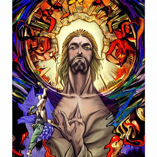 Prompt: the transfiguration of jesus christ in the style of jojo's bizarre adventure, an ultrafine detailed painting by james jean