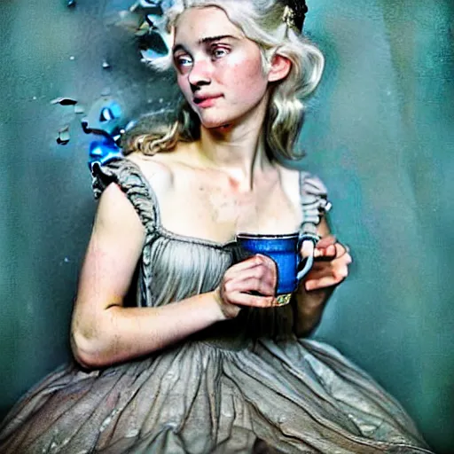 Prompt: A 18th century, messy, silver haired, (((mad))) elf princess (similar to ((young Kate Winslet))), dressed in a ((ragged)), wedding dress, is ((drinking a cup of tea)). Everything is underwater! and floating. Greenish blue tones, theatrical, (((underwater lights))), high contrasts, fantasyconcept art, inspired by John Everett Millais's Ophelia