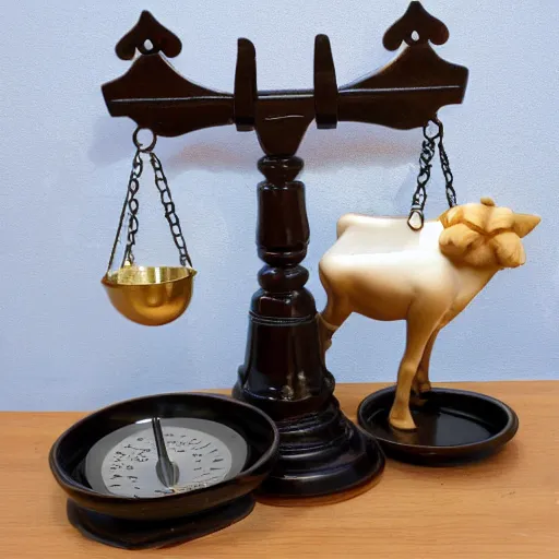 Prompt: set of libra balance scales with weights, weighing cow figurine and cat figurine in dish