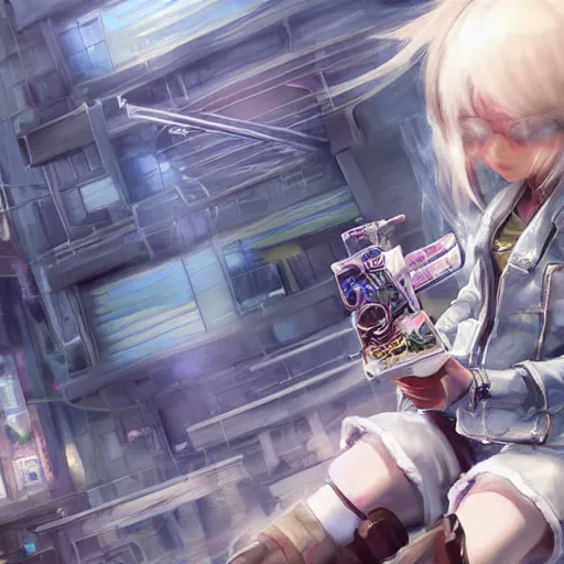 Image similar to dynamic composition, motion, ultra-detailed, incredibly detailed, a lot of details, amazing fine details and brush strokes, colorful and grayish palette, smooth, HD semirealistic anime CG concept art digital painting, watercolor oil painting of Clean and detailed post-cyberpunk sci-fi close-up schoolgirl in asian city in style of cytus and deemo, blue flame, relaxing, calm and mysterious vibes,, by a Chinese artist at ArtStation, by Huang Guangjian, Fenghua Zhong, Ruan Jia, Xin Jin and Wei Chang. Realistic artwork of a Chinese videogame, gradients, gentle an harmonic grayish colors. set in half-life 2, Matrix, GITS, Blade Runner, Neotokyo Source, Syndicate(2012), dynamic composition, beautiful with eerie vibes, very inspirational, very stylish, with gradients, surrealistic, dystopia, postapocalyptic vibes, depth of field, mist, rich cinematic atmosphere, perfect digital art, mystical journey in strange world