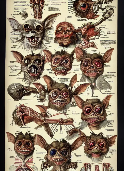 Image similar to vintage medical anatomical illustration of gremlins ( 1 9 8 4 ), highly detailed, labels, intricate writing