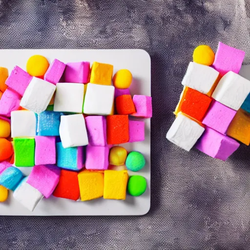 Prompt: photograph of a delicious marshmallow cube with sprinkles on a dark wooden chopping board, pastel colours, hessian cloth, styled food photography, photorealistic, 4 k