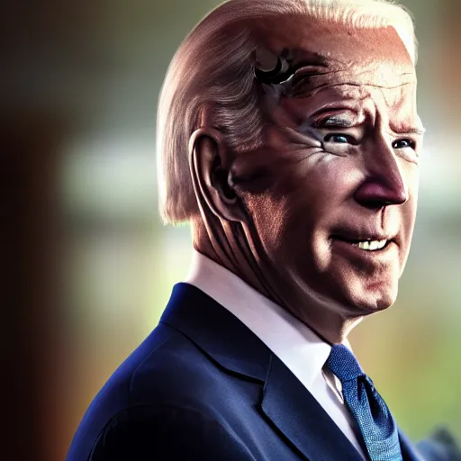 Image similar to joe biden as slenderman movie still, cinematic lighting, ray tracing, octane render, long lens, shallow depth of field, bokeh, anamorphic lens flare, 8 k, hyper detailed, 3 5 mm film grain