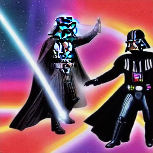 Prompt: psychedelic tom baker fights psychedelic darth vader, photorealistic