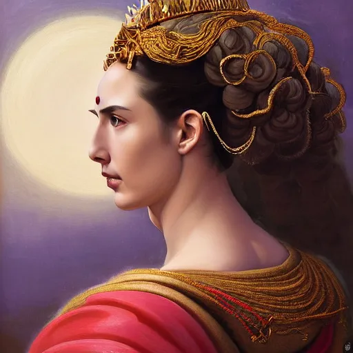 Image similar to Head and shoulders masterpiece portrait oil painting of the beautiful goddess Gal Gadot as Geisha, she is wearing roman clothes and a surreal jewelry, her hair is natural disheveled, she is approaching heaven over the clouds, naturalism, dramatic lighting, high-detailed oil painting by Ilya Repin, Michelangelo da Caravaggio, William Blake, Alex Grey and Beksinski, trending on Artsation, hystorical painting, naturalism, masterpiece, full body shot, 4k, 8k,