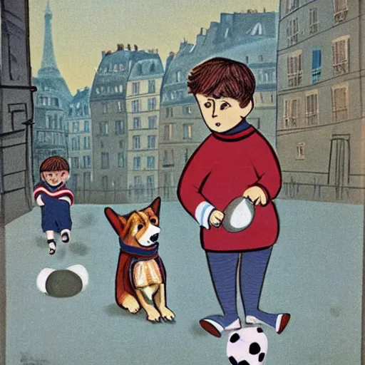 Image similar to book illustration of a french boy on the streets of paris playing football against a corgi, the dog is wearing a polka dot scarf, 1 9 6 6