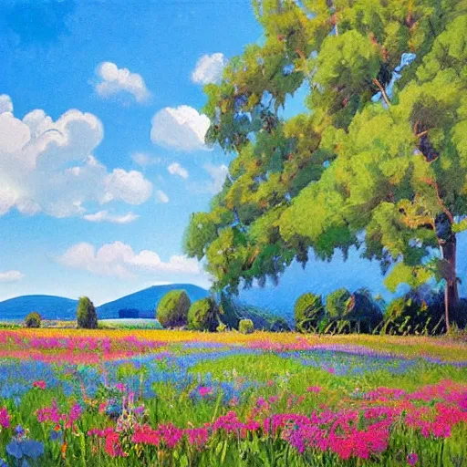 Prompt: This art installation has captures the serenity and beauty of a summer day. The sky is a deep blue, and the sun is shining down on the fields of flowers. The colors are very vibrant, and the brushstrokes are very fluid. The overall effect is one of peace and calm. electric purple, light blue by John Philip Falter relaxed, romantic