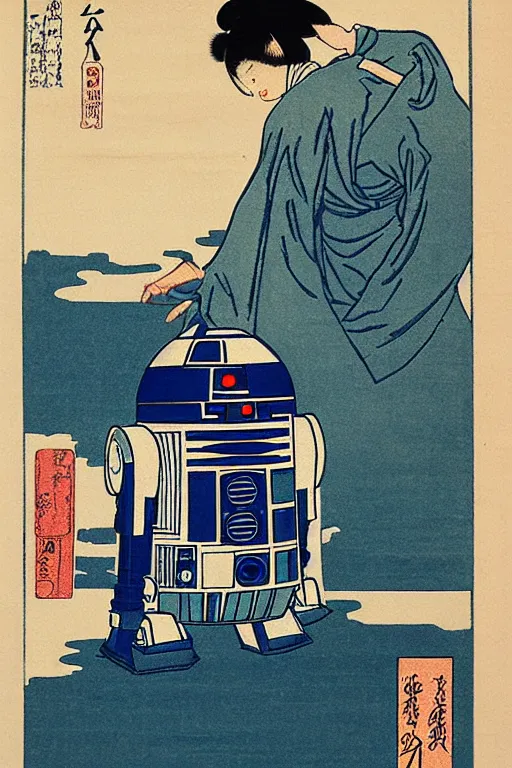 Image similar to Japanese woodblock print of r2d2, hokusai