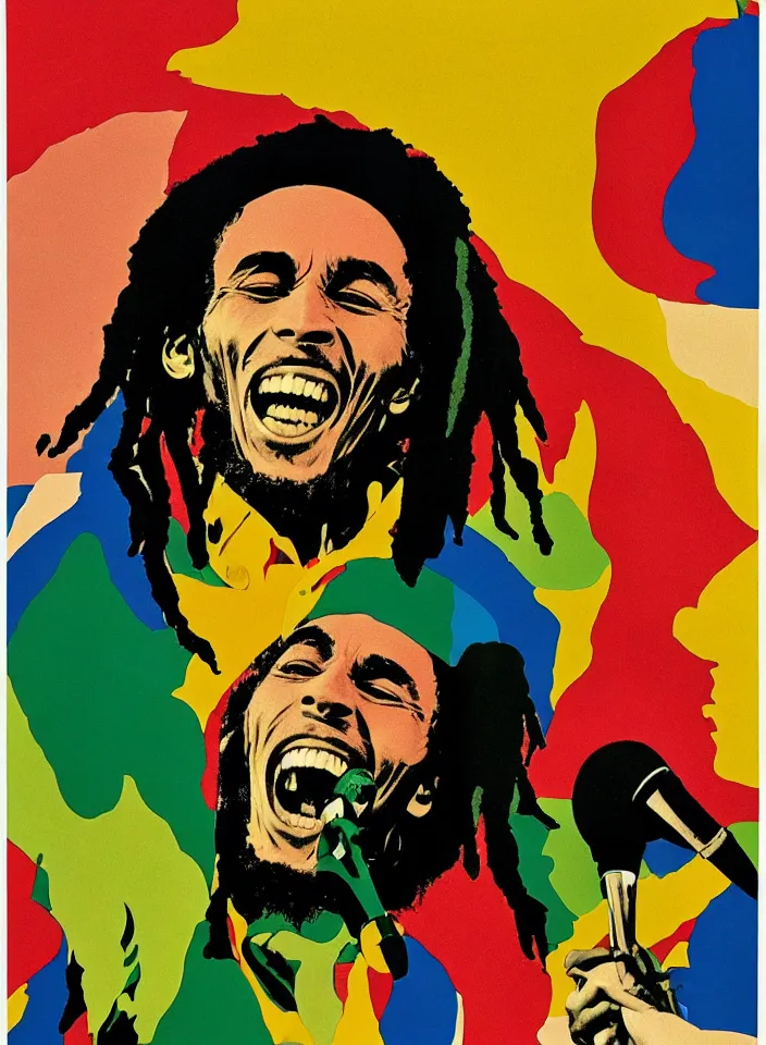 Prompt: graphic design of bob marley singing by milton glaser and lilian roxon, detailed