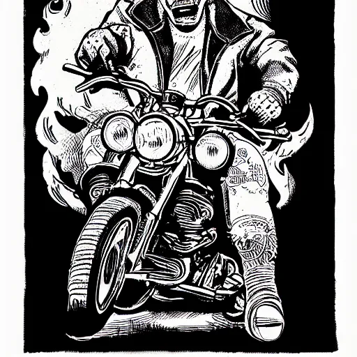Image similar to hells angel biker riding through a burning street, intricate ink drawing, highly detailed in the style of jamie hewlett