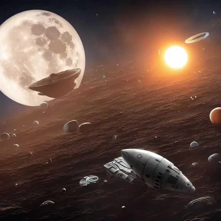 Prompt: hundreds of spaceships of different sizes and shapes fly away from the burning earth against the background of a split moon, 4 k resolution, radiant light, extremely detailed, digital art, depth, trending on artstation