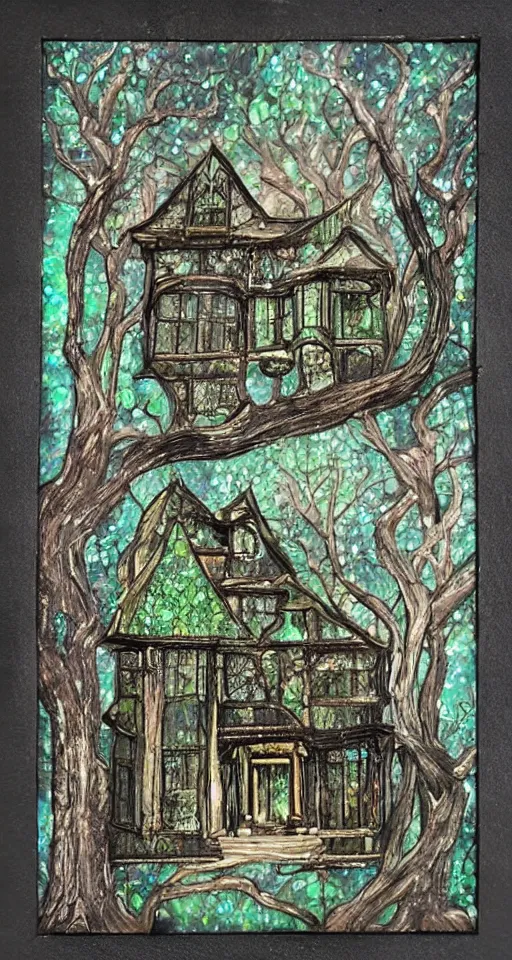 Prompt: victorian house made of wood in a dark forest with obsidian trees and Opal flowers, jade, lapis, eerie, painting