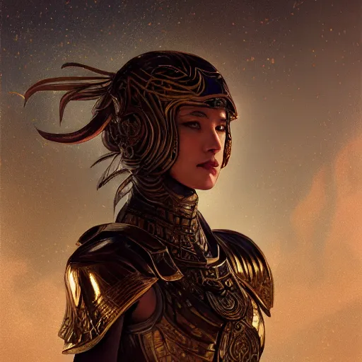 Image similar to portrait knights of Zodiac girl, metallic black and reddish color reflected armor, in ruined Agora of Athens, ssci-fi, fantasy, intricate, very very beautiful, elegant, golden light, highly detailed, digital painting, artstation, concept art, smooth, sharp focus, illustration, art by tian zi and WLOP and alphonse mucha