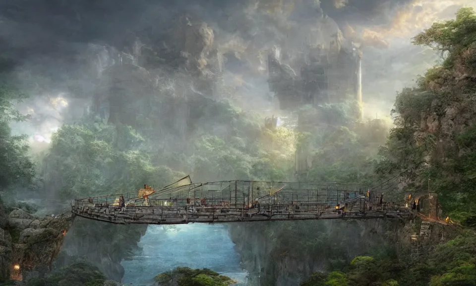 Prompt: a suspension bridge leading to a small flying island in the sky with the ruins of a tower, stunning digital illustration, by james gurney, cinematic lighting, intense colors, beautiful composition, detailed, mystical, beautiful and mysterious