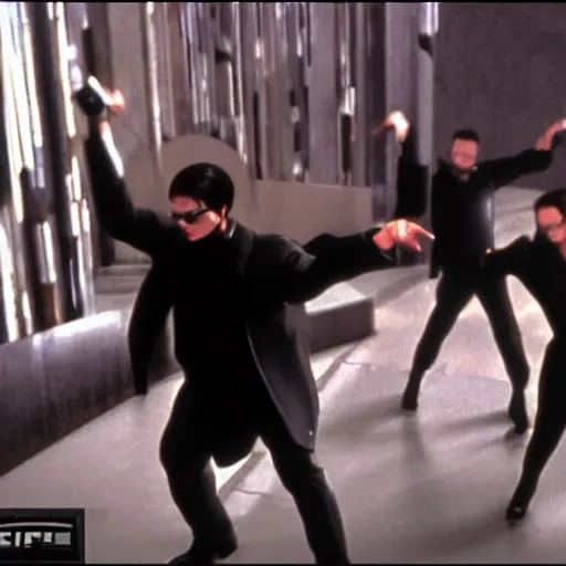 Image similar to neo fighting security. Matrix movie screenshot. Epic keyframe.