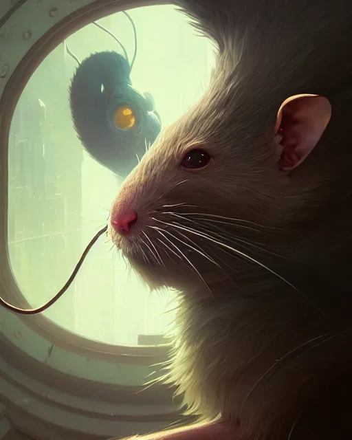 Image similar to highly detailed vfx portrait of a rat, unreal engine, greg rutkowski, loish, rhads, beeple, makoto shinkai and lois van baarle, ilya kuvshinov, rossdraws, tom bagshaw, alphonse mucha, global illumination, detailed and intricate environment