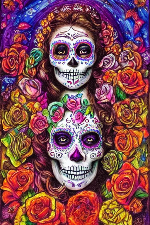 Prompt: Illustration of a sugar skull day of the dead girl, art by josephine wall