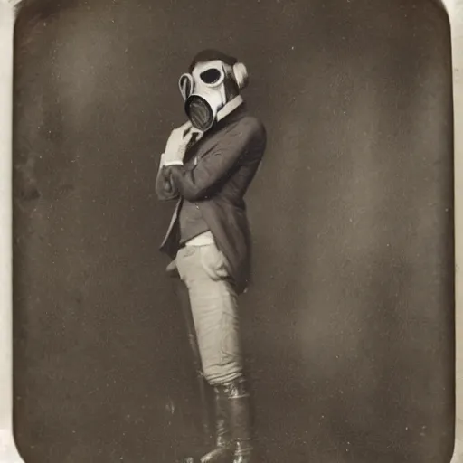 Prompt: A daguerreotype photograph of a lanky, hunched over man, who is wearing a gas mask.