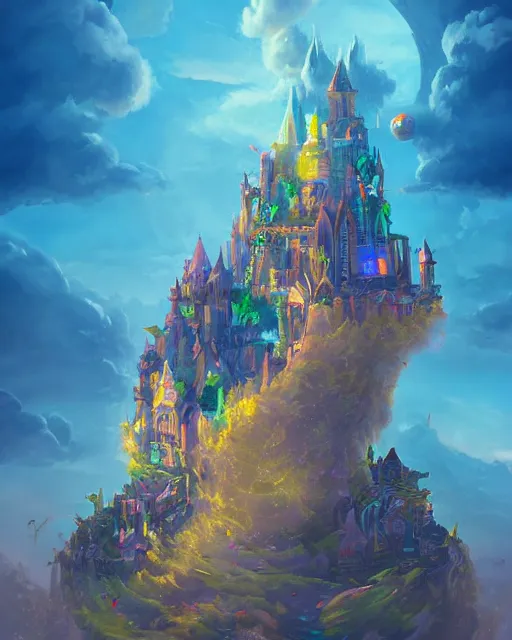 Image similar to flying cloud castle, bubble buildings, illustration, bright, blue sky, mountains, colorful, cinematic lighting, fantasy, high detail, masterpiece, artstation, 4 k, art by wylie beckert