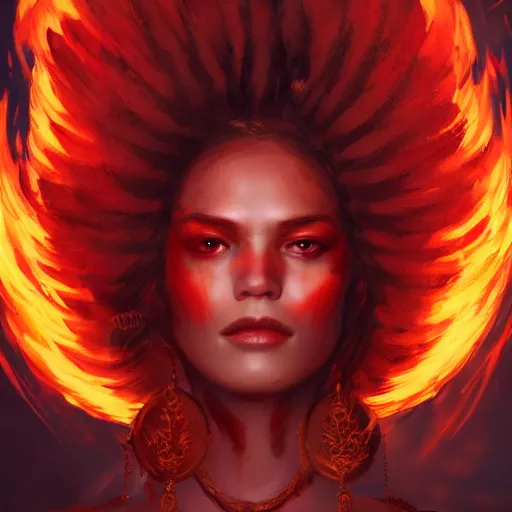 Prompt: a beautiful portrait of a fire goddess with flaming eyeballs by Greg Rutkowski and Raymond Swanland, Trending on Artstation, Flaming Background, ultra realistic digital art