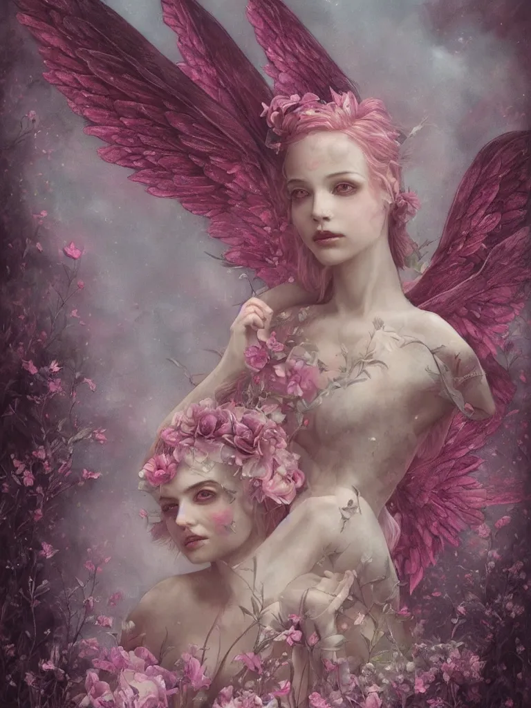 Image similar to one pink fairy with large wings exploring her lonely flower garden by herself in the style of tom bagshaw, extremely detailed, muted colors