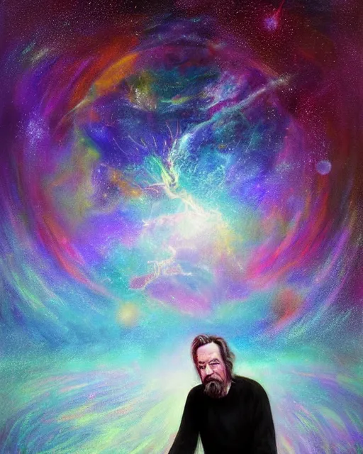 Image similar to alan watts floating in the universe portrait painting highly detailed procreate, 3d render senior artist, photorealistic, textured, featured on artstation