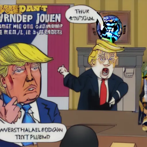 Image similar to Donald Trump superhero striking Joe Biden in Whitehouse