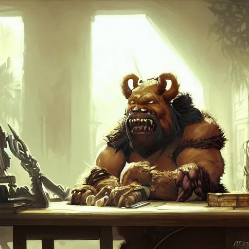 Prompt: durotan from world of warcraft sitting at a desk in an office, by artgerm and greg rutkowski and alphonse mucha