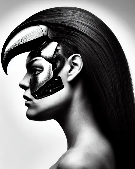 Image similar to a profile portrait, a stunning young woman - cyborg with a mutant crow head, editorial photography, bw, shot on 7 0 mm, depth of field, f / 2. 8, high contrast, 1 6 k, volumetric lighting, shiny, insanely detailed and intricate, hypermaximalist, elegant, ornate, hyper realistic, super detailed