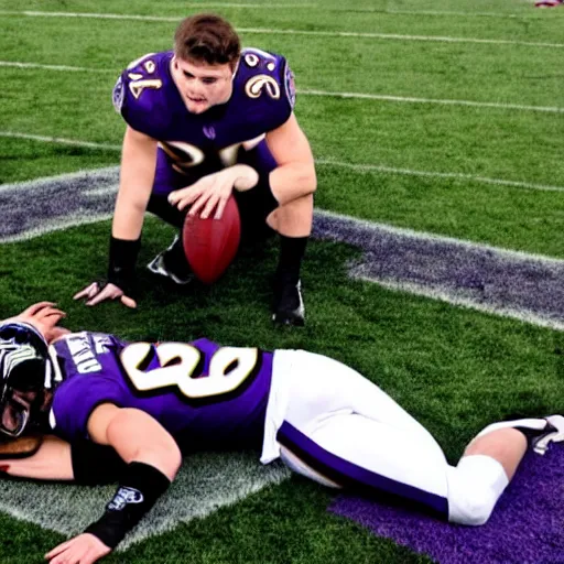 Image similar to edgar allen poe wearing a baltimore ravens jersey. tj watt laying on the ground. award winning photograph. sports photo.