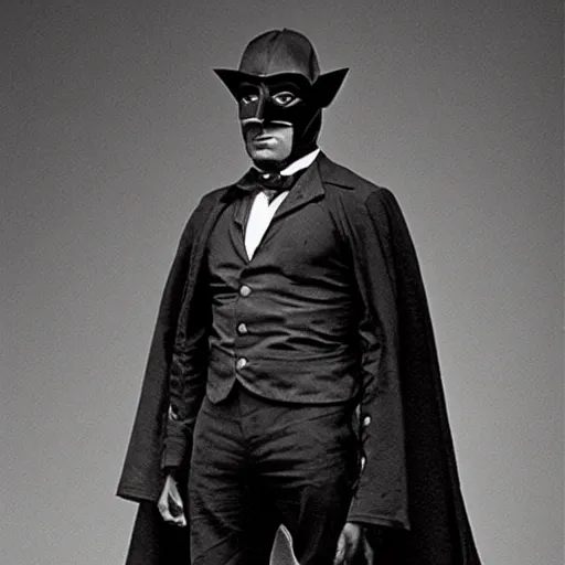 Prompt: photo of 1800s black man dressed as Batman