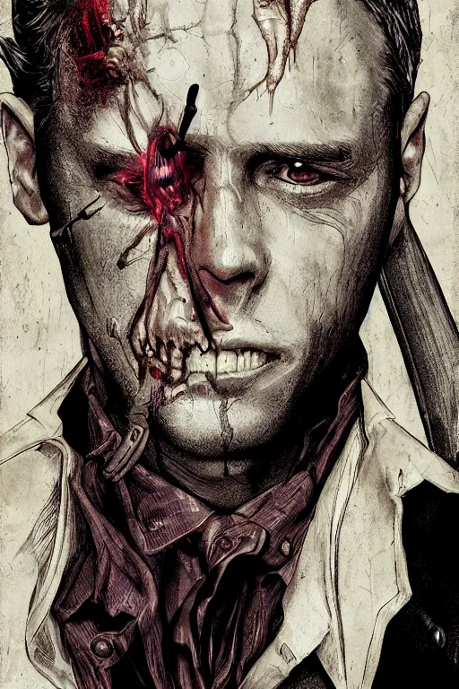 Image similar to john constantine in sleepy hollow, full body, big two toned eyes, teeth gritted, horror, intricate details, cinematic, epic, realistic, anatomy, tomer hanuka, uplight, artstation, photorealistic, scary