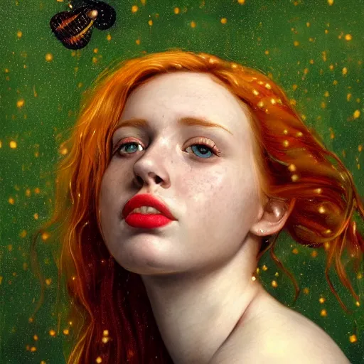 Image similar to a highly detailed, hyper realistic, gorgeous portrait, red haired young woman, among golden fireflies, long hair, green eyes, hint of freckles, round gentle face, cheeky smile with red lips, deep focus, elegant, digital painting, smooth, sharp, golden ratio, illustration, art by artemisia lomi gentileschi and artgerm