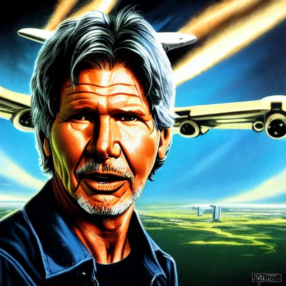 Prompt: gamma ray album cover featuring photo of harrison ford yelling at airplanes, power metal album cover, trending on artstation, intricately detailed, highly detailed, classic, award winning