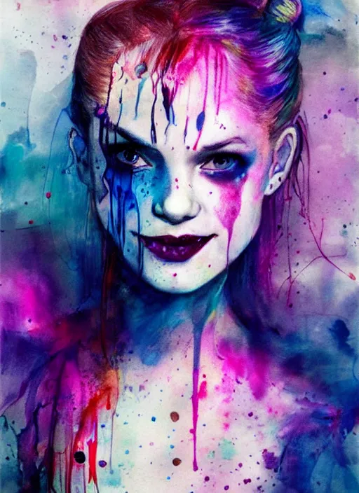 Image similar to harley quinn by agnes cecile, luminous design, pastel colours, ink drips, autumn lights