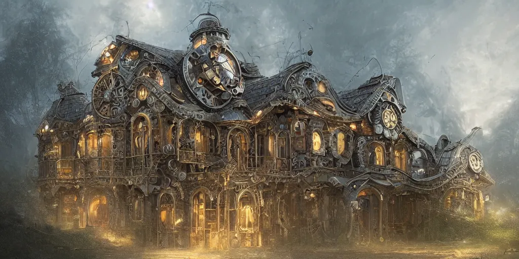 Prompt: beautiful house made of mechanical watch parts, gears, cogs, jewels, architectural render, by jaroslaw jasnikowski, by gabriel dawe, by skottie young, by jessica rossier, by isaac cordal, metal architecture, trending on artstation, photorealistic, 8 k, steampunk