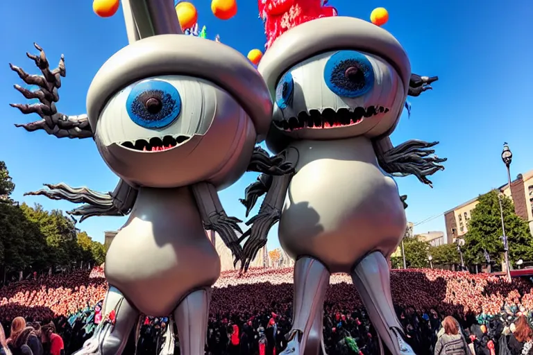 Image similar to photo of giant cute elaborate parade float character designed by ( ( ( ( ( ( ( ( giger ) ) ) ) ) ) ) ) and beeple!!!!!!!!!!!!!!, in the macys parade, detailed 4 k photo,