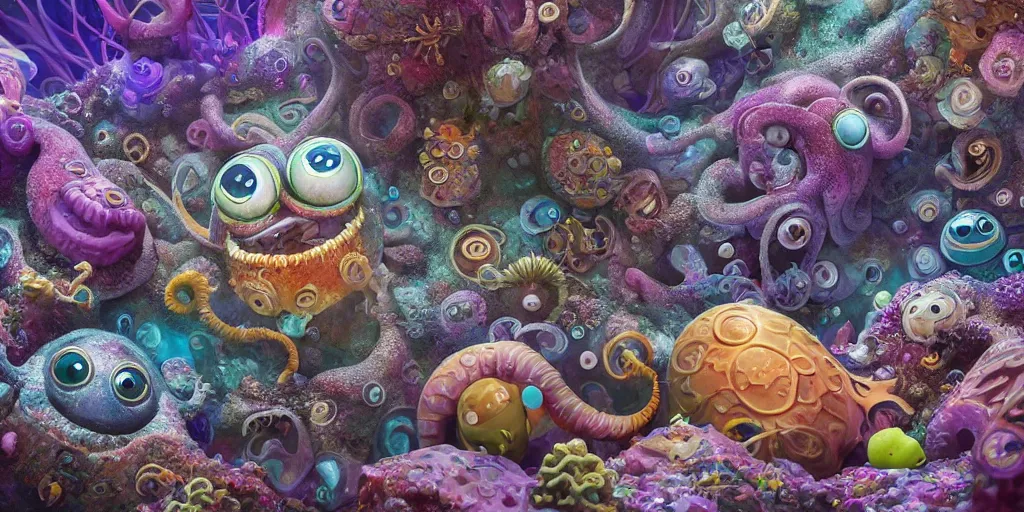 Image similar to of an intricate sea reef with strange cute friendly happy creatures with huge eyes, mouth, long tongue, round teeth and goofy face, appearing from the background, in the style of gehry and gaudi, macro lens, shallow depth of field, ultra detailed, digital painting, trending artstation, concept art, illustration, cinematic lighting, photorealism, epic, octane render