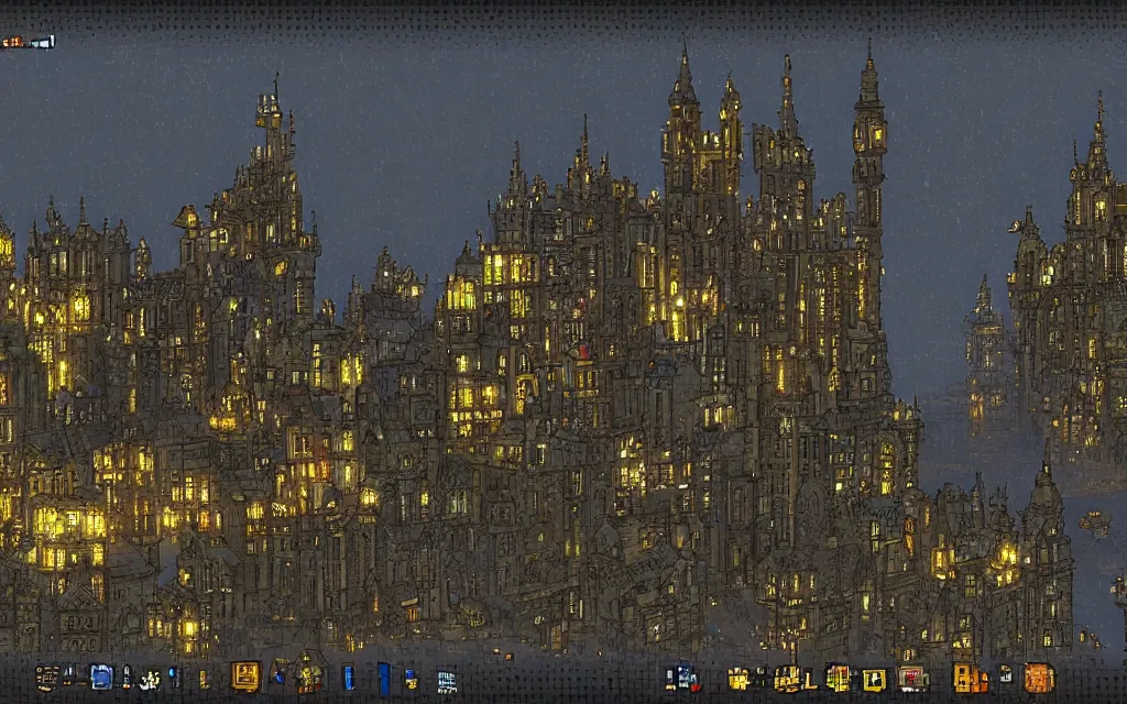 Image similar to an 18th gothic city at night. Pixel art, side scroller, (gloomy), (fantasy).