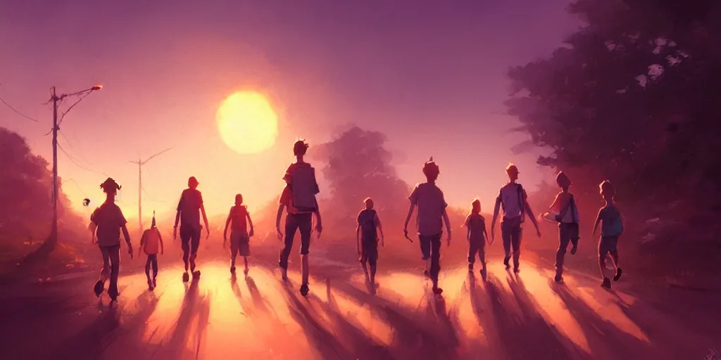 Image similar to a group of close friends walking down the road at sunset, nostalgic, details, sharp focus, illustration, by jordan grimmer and greg rutkowski, trending artstation, pixiv, digital art